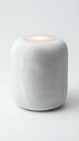 White cylindrical smart speaker with textured fabric mesh design and illuminated top ring, isolated on neutral background for tech product advertising.