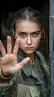 Young woman in military style jacket making stop gesture with palm, intense gaze and determined expression against dark background.