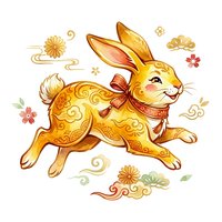 Golden rabbit with ornamental patterns and red bow, surrounded by decorative flowers and swirls on white background. Isolated clipart suitable for children's designs, greeting cards, and textile applications.