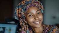 Young African woman wearing colorful traditional headwrap smiling warmly at camera in modern office workspace for diversity and inclusion campaigns.