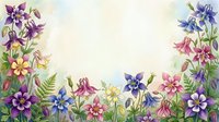 Watercolor floral border with colorful columbine flowers in purple, pink, blue and yellow on soft pastel background with copy space.