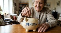 Senior Caucasian woman in cozy sweater saving money in piggy bank labeled pension at home table for retirement financial planning and security.
