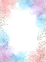 Watercolor floral frame with pastel gradient background featuring delicate roses and leaves in soft pink blue purple hues for wedding invitations greeting cards.