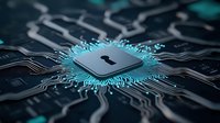 Digital security lock on glowing microchip with circuit board pattern background in blue and dark tones, representing cybersecurity and data protection technology.