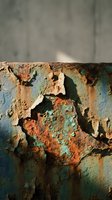 Weathered metal surface with heavy rust, corrosion, and peeling paint in blue, orange, and green tones. Aged industrial texture suitable for backgrounds, design overlays, and grunge effects.