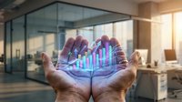 Businessman hands holding holographic financial growth chart with rising bars in modern office environment for business analytics and data visualization.