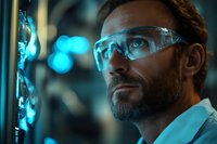 Middle-aged Caucasian male scientist with beard wearing safety goggles examining medical brain scan in modern laboratory with blue lighting for research.
