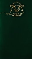 Elegant gold line art sheep head with 2027 numeral on deep forest green background, suitable for new year greeting cards and festive designs.