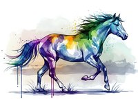 Colorful watercolor horse galloping with vibrant rainbow hues and flowing mane on white background. Artistic equine illustration for creative projects.
