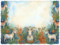 Ornate watercolor frame featuring symmetrical goats, deer, and decorative botanical elements with blue and gold accents on aged cream background. Suitable for invitations, certificates, and vintage design projects.