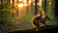 Red squirrel sitting on moss-covered log in golden sunset forest light with bokeh background for nature and wildlife photography projects.