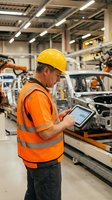 Industrial worker in safety gear using tablet computer in modern automotive manufacturing plant with robotic assembly line for quality control operations.