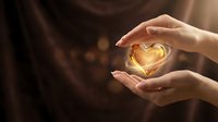 Hands holding glowing golden heart shape with warm light, symbolizing love, care, compassion and giving for healthcare, charity and wellness concepts.