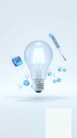 Glowing light bulb with floating microchip, test tube and molecular spheres representing innovation, technology and scientific research on white background.
