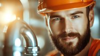 Bearded construction worker in orange hardhat and safety vest examining industrial pipes with confident smile, dramatic lighting creates professional atmosphere.