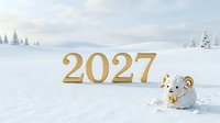 Golden 2027 numerals displayed in snowy winter landscape with decorative white and gold gift box, suitable for New Year greeting cards, holiday marketing campaigns, and seasonal promotional materials.