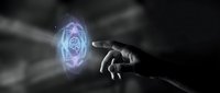 Human hand reaching toward glowing purple holographic rose with magical light effects on dark background for digital art and fantasy design projects.