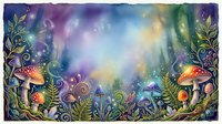 Enchanted forest scene with glowing mushrooms, swirling foliage, and magical light effects in purple, blue, and gold tones. Fantasy woodland background for creative projects.