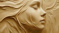 Serene female face with flowing hair sculpted in gold relief texture, showcasing ethereal beauty and artistic craftsmanship. Suitable for luxury beauty and spa designs.