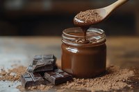 Homemade chocolate spread in glass jar with wooden spoon and cocoa powder on rustic kitchen table for breakfast and baking recipes.