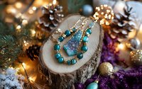 Handcrafted turquoise and crystal necklace displayed on wooden slice with pine cones, Christmas lights, and festive decorations creating magical holiday atmosphere.