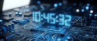 Digital clock display showing time on futuristic circuit board with glowing blue lights and electronic components for technology concepts.