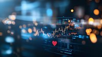 Financial market data visualization with heart symbol on blue digital screen showing stock price charts and trading analytics, blurred bokeh background.