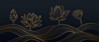 Golden lotus flowers blooming above flowing waves in minimalist line art style on dark background for luxury branding and meditation designs.