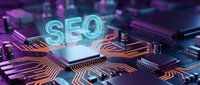 SEO glowing neon text on futuristic circuit board with purple and blue lighting effects for digital marketing and search engine optimization concepts.