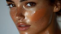 Young mixed-race woman with natural freckles and glowing skin in soft natural lighting for beauty and skincare concepts.