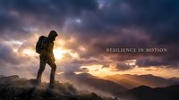 Silhouetted hiker with backpack standing on mountain peak at dramatic sunset, clouds and golden light, resilience and adventure concept for motivational content.