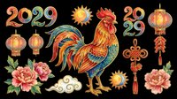 Rooster with 2029 numerals, lanterns, peonies, and sun symbols isolated on transparent background. Ready for t-shirt design, clipart, stickers, sublimation, and print-on-demand products.