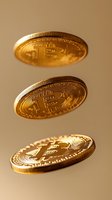 Golden cryptocurrency coins falling in sequence against neutral background, showcasing digital currency concept with dramatic lighting and depth of field.