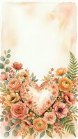 Watercolor floral frame with peach roses, ranunculus and greenery on textured background for wedding invitations and romantic designs.