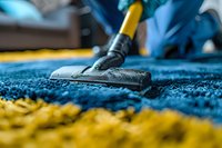 Professional vacuum cleaner head on blue carpet with autumn yellow leaves during cleaning service. Close up view shows detailed texture and cleaning process.