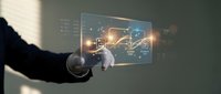 Businessman touching futuristic holographic interface with digital network connections and data visualization technology in modern office environment.