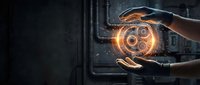 Hands holding glowing gear symbol with digital light effects against dark industrial background, representing technology, innovation, engineering, and mechanical solutions.