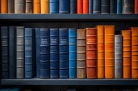 Colorful vintage hardcover books arranged on wooden bookshelf, showcasing blue, orange, and red spines with gold lettering for academic or home library setting.