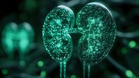 Glowing green kidney shapes filled with sparkling particles and neural connections on dark background suggest medical technology and artificial intelligence advancement.