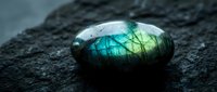 Polished labradorite gemstone with vibrant blue and green flash on dark textured surface for jewelry making and mineral collection displays.