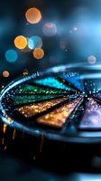 Abstract night cityscape through wet glass with colorful bokeh lights creating dreamy atmosphere. Rain drops on window transform urban lights into magical glowing patterns.