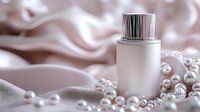 Elegant frosted glass cosmetic bottle with silver cap on silky fabric background decorated with pearl beads, luxury skincare product photography.