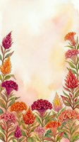 Watercolor floral border with celosia and marigold blooms in warm pink, orange, and red tones on a soft pastel background with copy space.