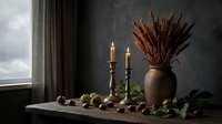 Autumn still life with dried wheat stalks in ceramic vase, burning candles and seasonal decorations on wooden table by window for cozy home decor.