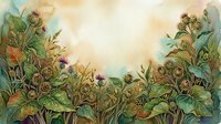 Watercolor botanical border with wild thistles and green leaves framing a soft golden sky, perfect for nature-themed cards and wall art.