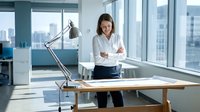 Professional businesswoman with crossed arms standing confidently at modern office desk near large windows with city skyline view for corporate presentations.