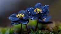 Dark blue hepatica flowers with water drops on petals against blurred natural background, macro photography showing delicate spring blooms in morning dew.