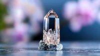 Clear quartz crystal point with natural inclusions on rough stone base against soft bokeh background for healing meditation spiritual wellness decor.