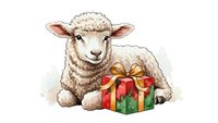 Adorable white lamb sitting beside colorful wrapped gift box with golden ribbon bow, isolated on transparent background for holiday designs.
