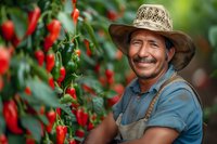 Mature Hispanic farmer in straw hat smiling while tending to red chili pepper plants in organic garden. Fresh produce and sustainable agriculture concept.